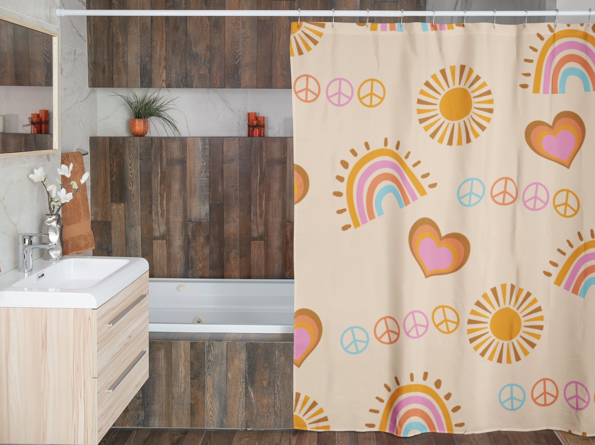 Retro Peace Sign Shower Curtain, Groovy 60's 70's Hippie Bathroom Accessory with Nostalgic Charm