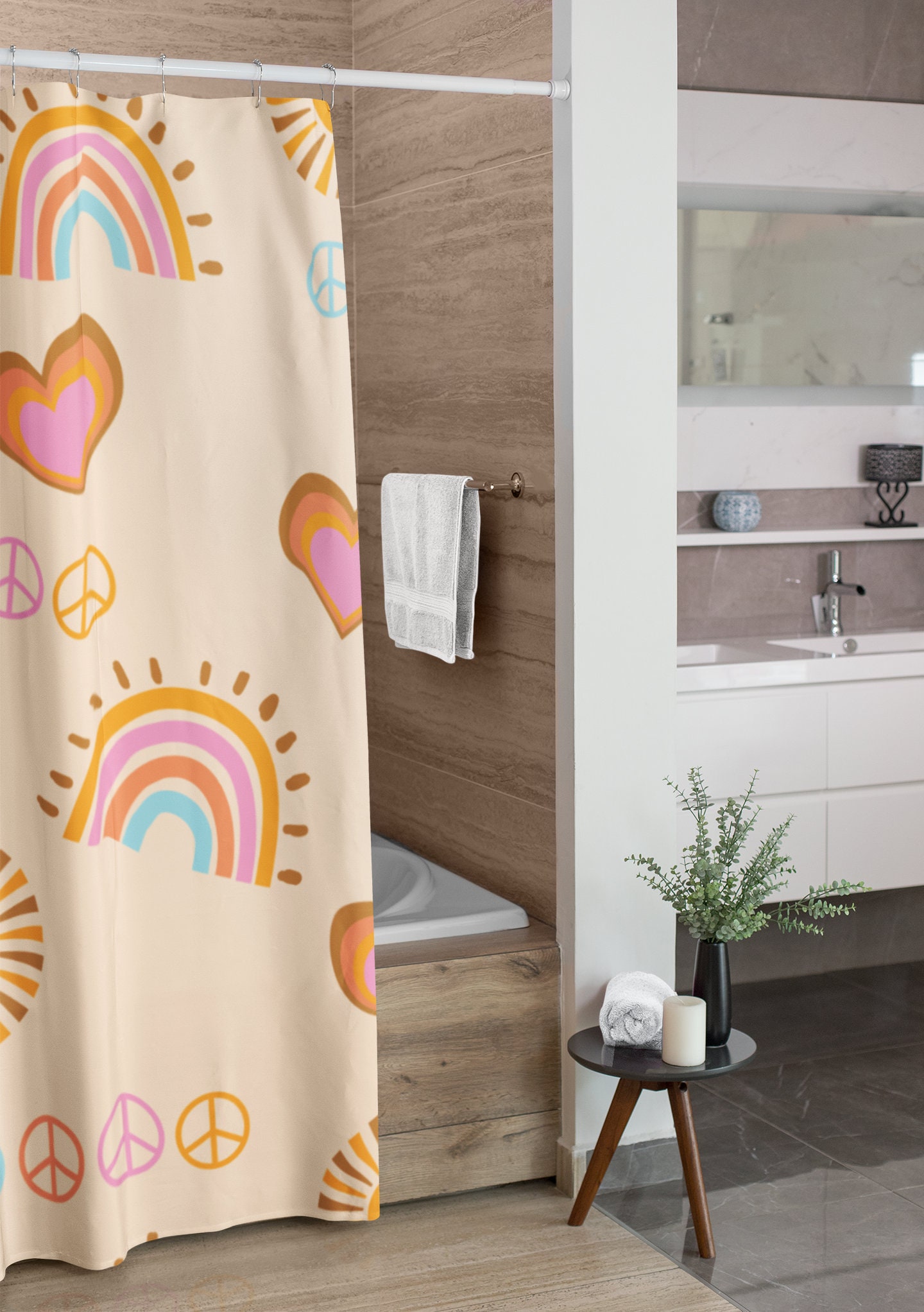 Retro Peace Sign Shower Curtain, Groovy 60's 70's Hippie Bathroom Accessory with Nostalgic Charm - Image 2