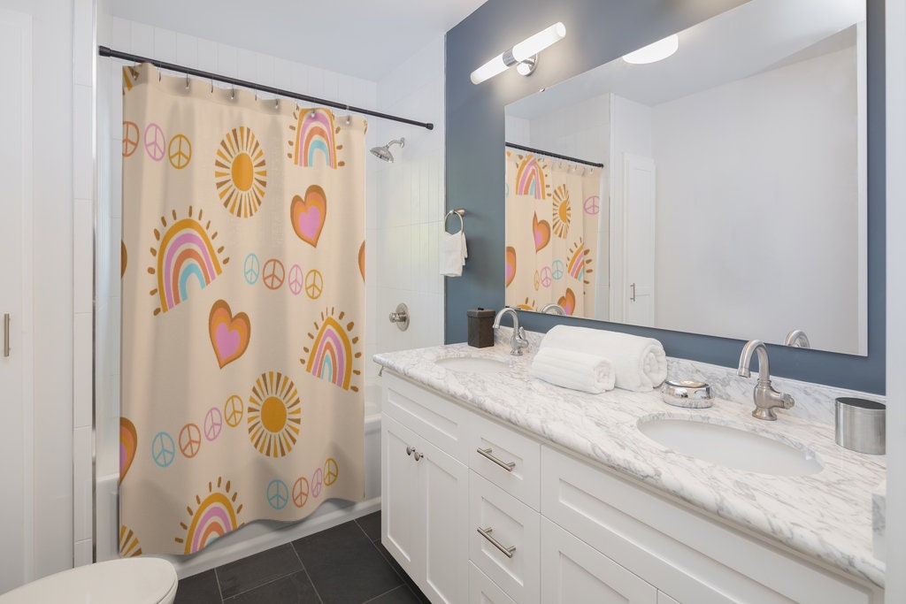 Retro Peace Sign Shower Curtain, Groovy 60's 70's Hippie Bathroom Accessory with Nostalgic Charm - Image 4