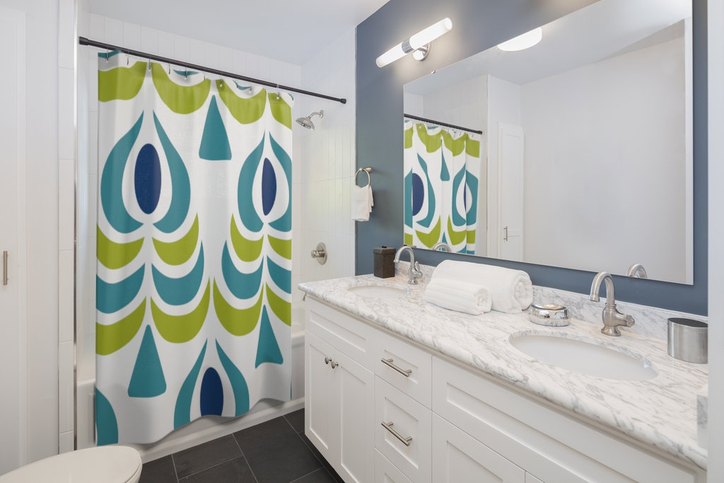 Retro Peacock Scandinavian Teal/Blue/Lime Green Mid Modern Shower Curtain for a Vintage-Inspired Bathroom - Image 2