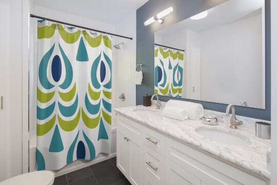 Retro Peacock Scandinavian Teal/Blue/Lime Green Mid Modern Shower Curtain for a Vintage-Inspired Bathroom - Image 4