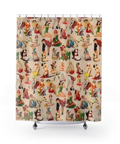 Retro Pin Up Beauties Shower Curtain for Classic Cheesecake Art Vibe