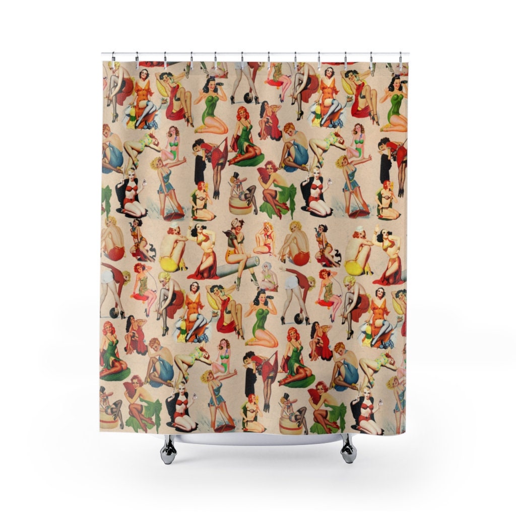 Retro Pin Up Beauties Shower Curtain for Classic Cheesecake Art Vibe
