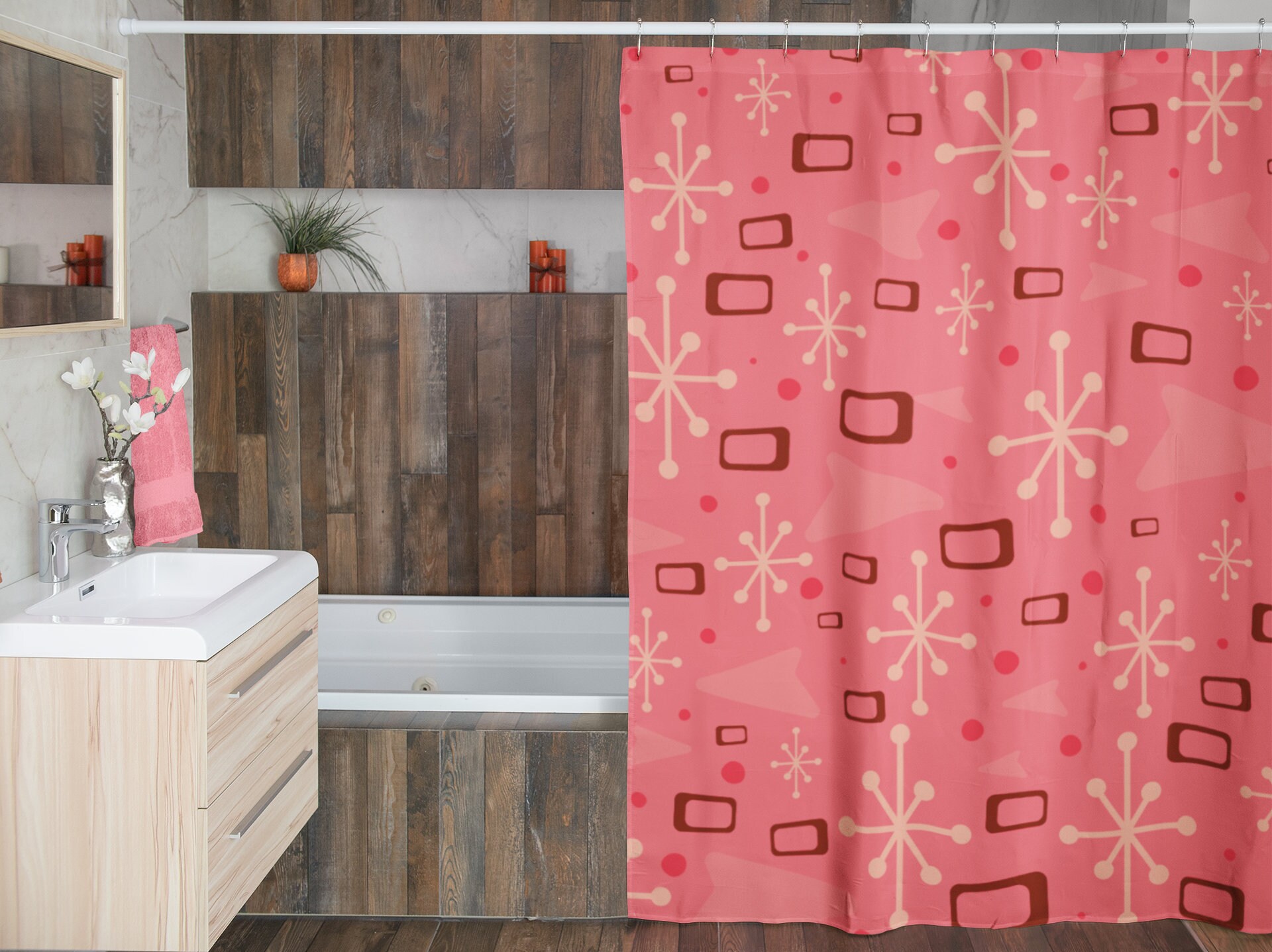 Retro Pink Mid Century Modern Inspired Shower Curtain for Vintage Bathroom Flair