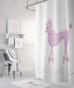 Retro Pink Poodle Shower Curtain | Black and White Bath Mat & Towels | 50s Style Bathroom Decor
