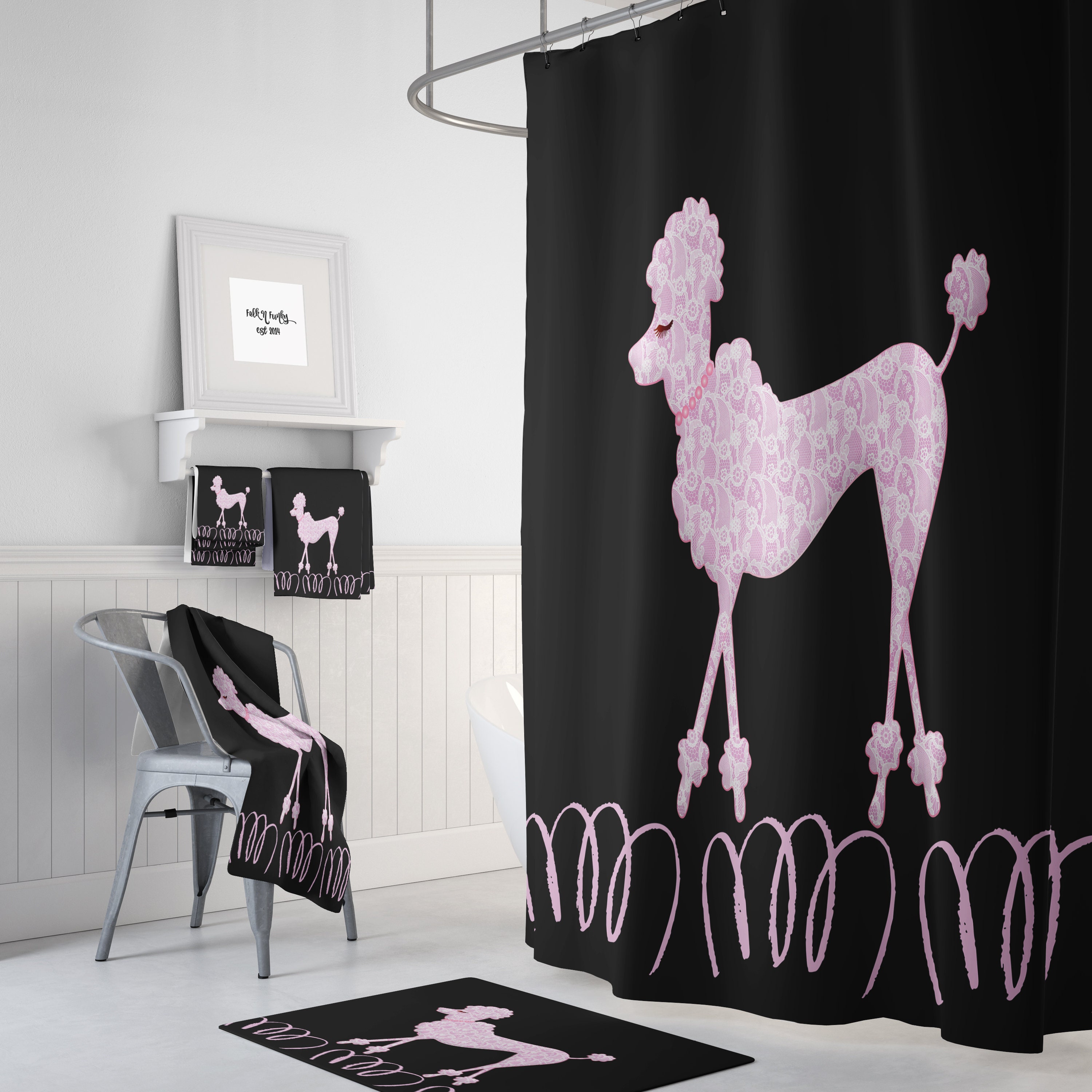 Retro Pink Poodle Shower Curtain | Black and White Bath Mat & Towels | 50s Style Bathroom Decor - Image 2