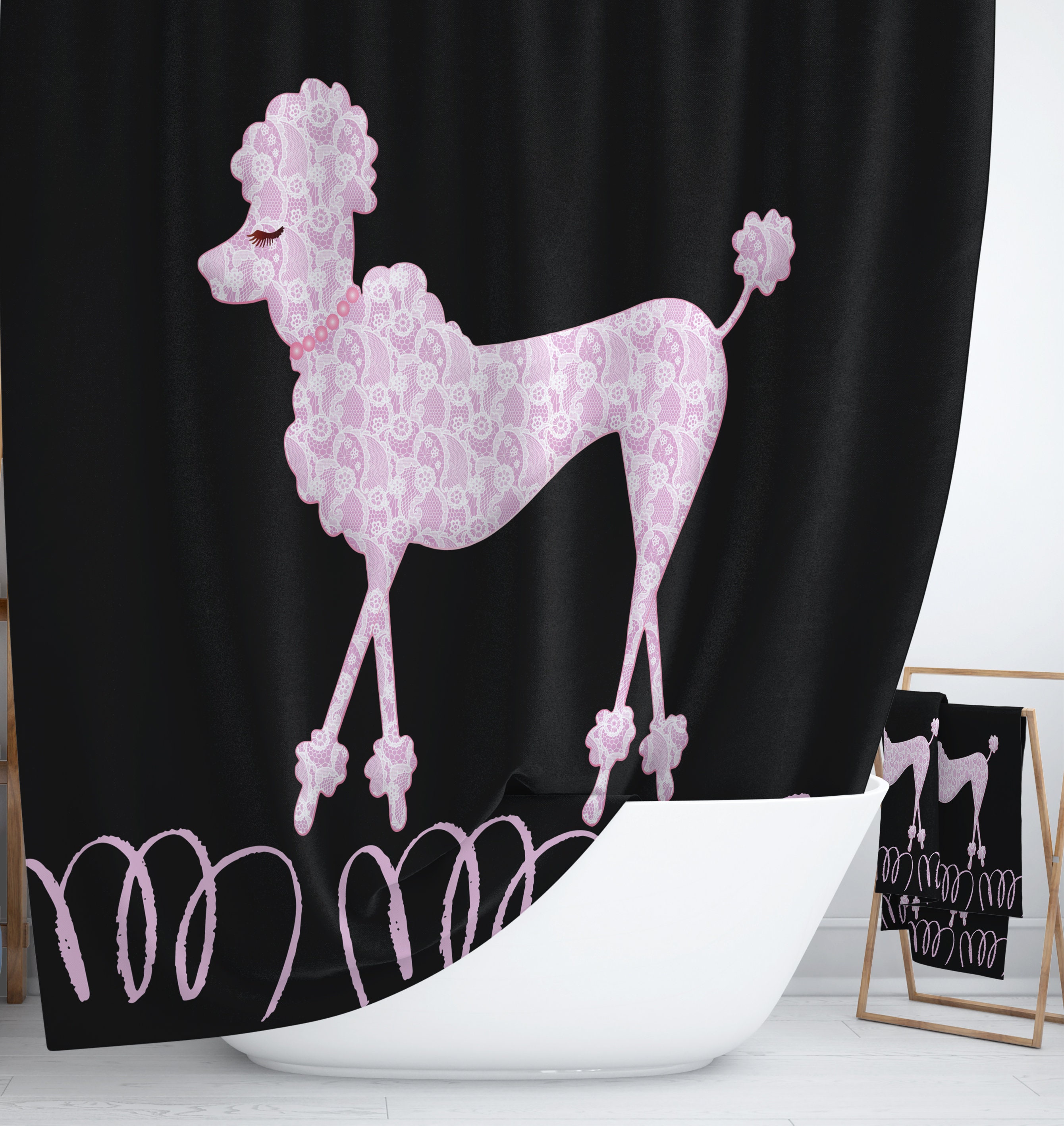 Retro Pink Poodle Shower Curtain | Black and White Bath Mat & Towels | 50s Style Bathroom Decor - Image 3