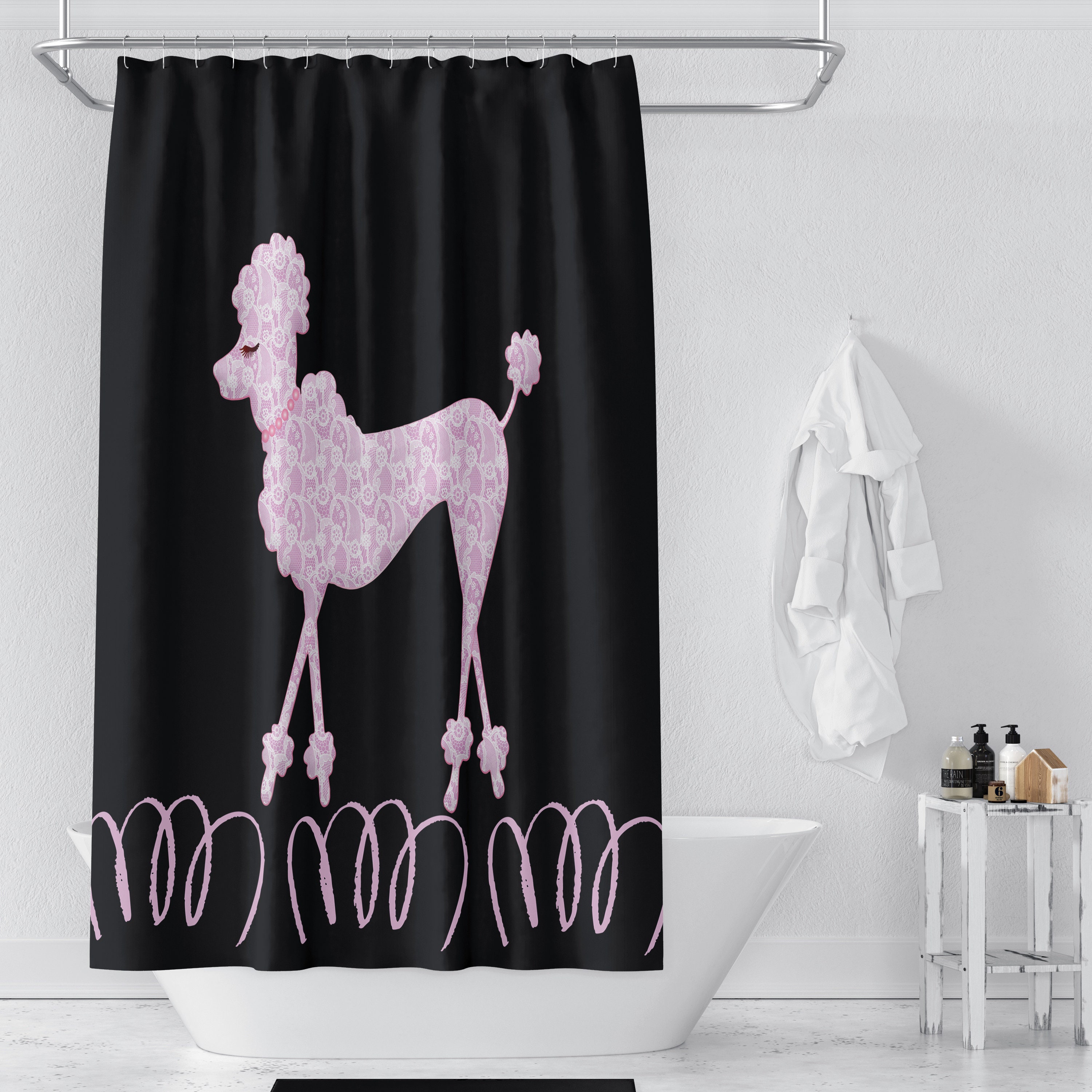 Retro Pink Poodle Shower Curtain | Black and White Bath Mat & Towels | 50s Style Bathroom Decor - Image 4