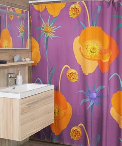 Retro Poppies Flowers Shower Curtain, 1970's Bathroom Accessory with Vintage Look and Feel