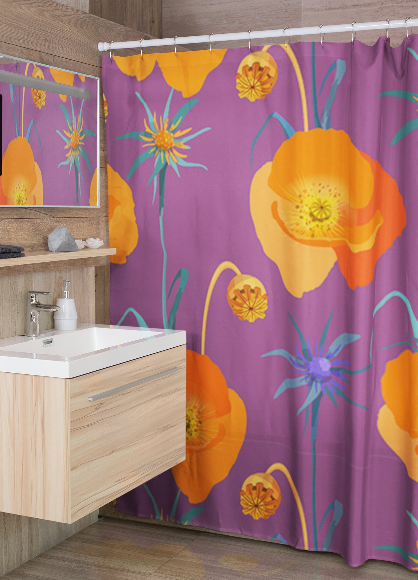 Retro Poppies Flowers Shower Curtain, 1970's Bathroom Accessory with Vintage Look and Feel