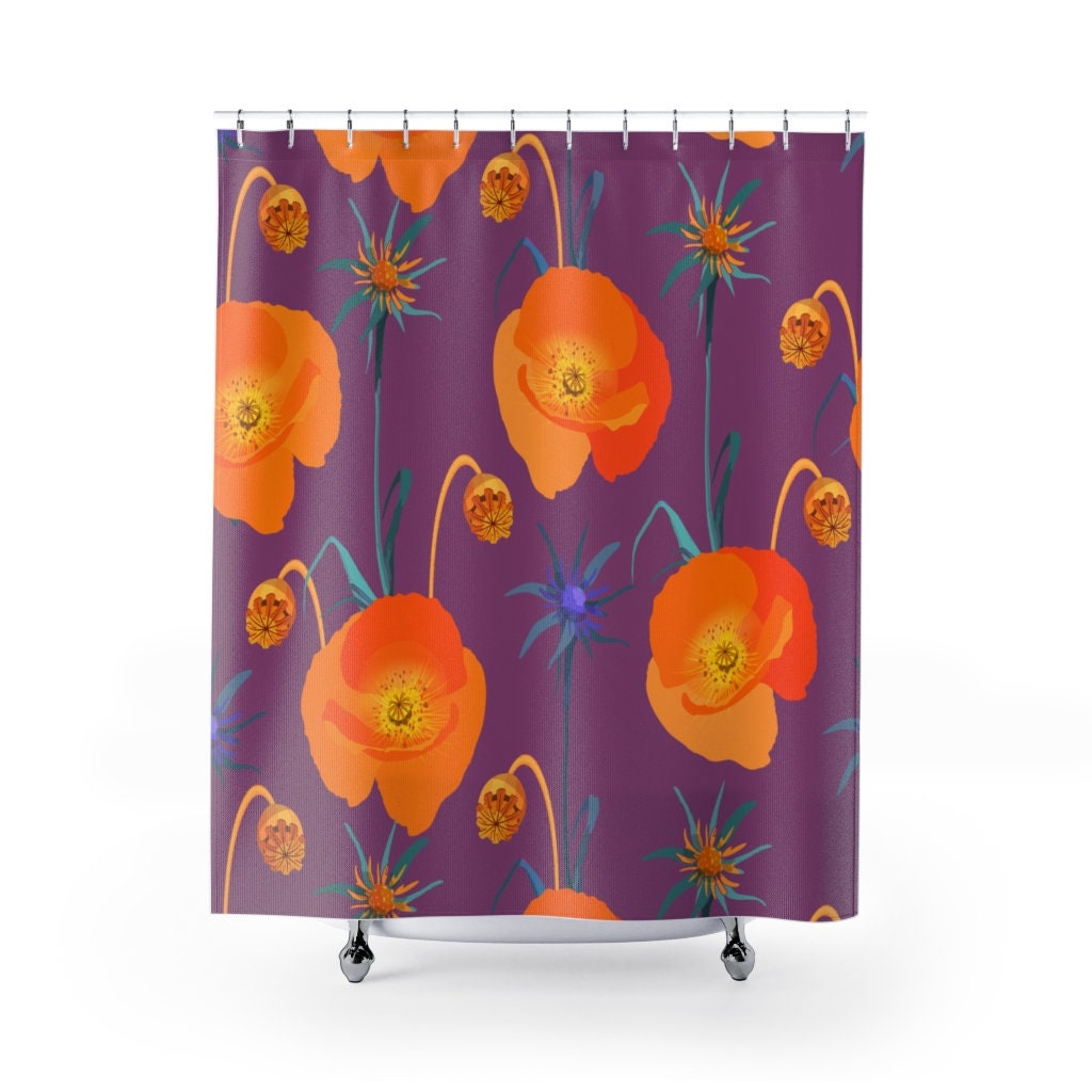 Retro Poppies Flowers Shower Curtain, 1970's Bathroom Accessory with Vintage Look and Feel - Image 2
