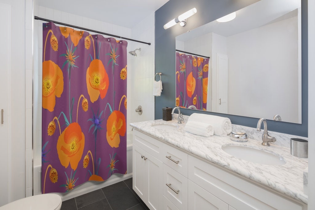Retro Poppies Flowers Shower Curtain, 1970's Bathroom Accessory with Vintage Look and Feel - Image 3