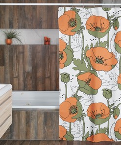 Retro Poppy Shower Curtain, Vintage Flower Bathroom Decor, Orange Curtain