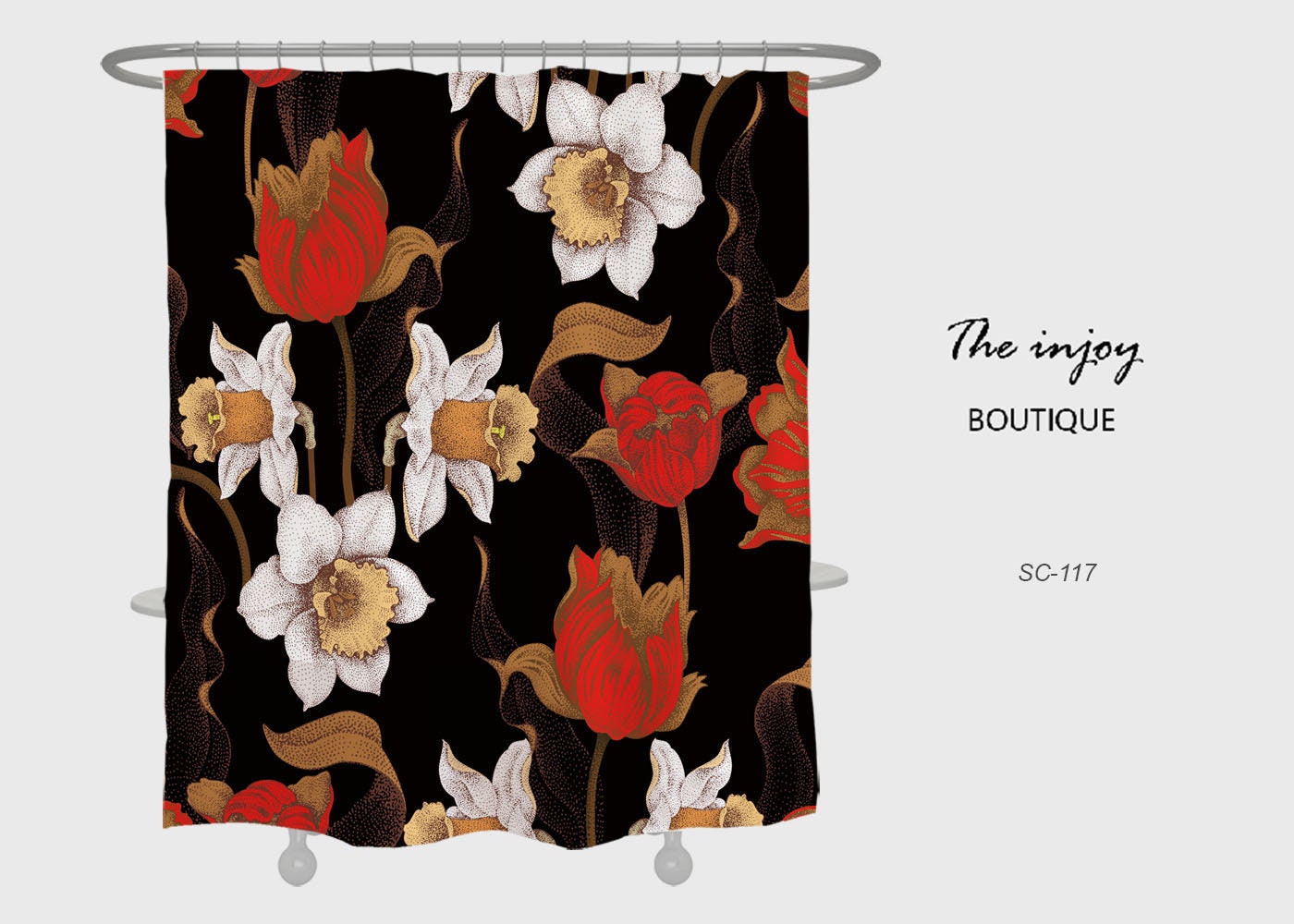 Retro Rose Flowers Shower Curtain, Black Waterproof- Vintage Bathroom Shower Curtains