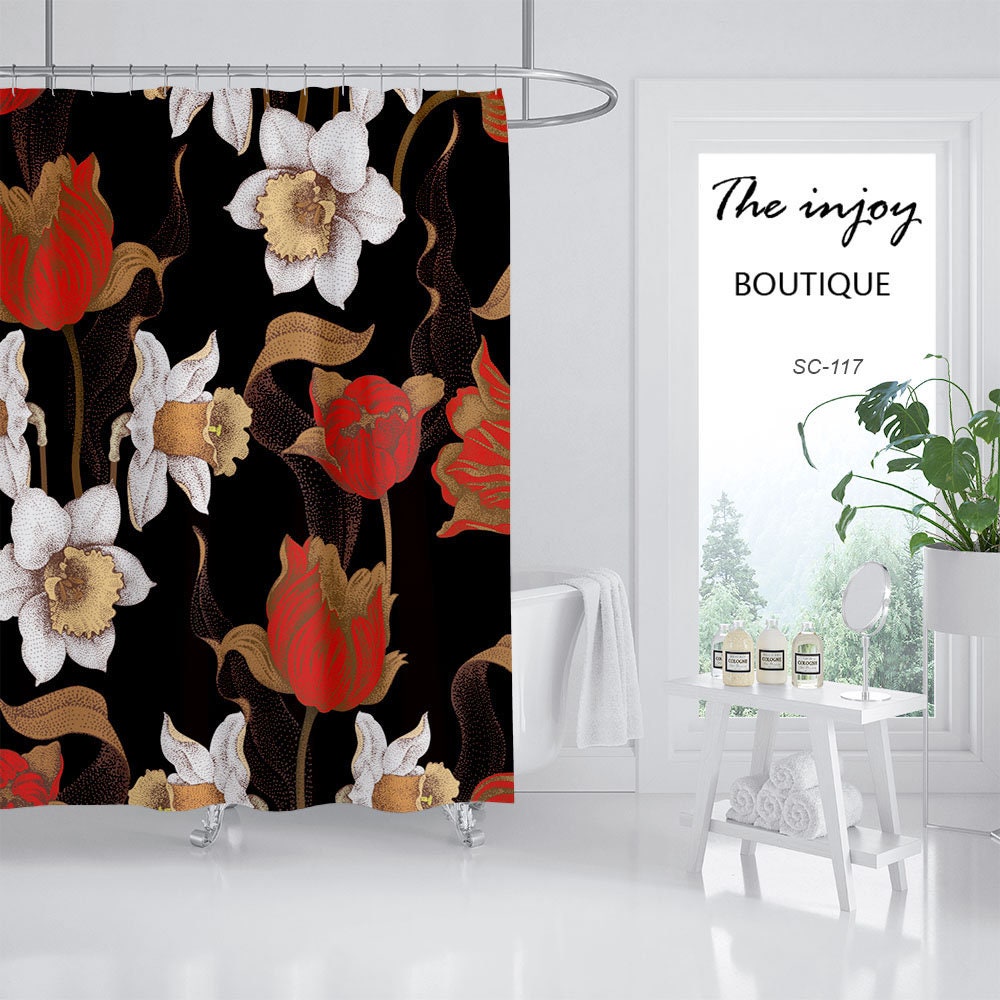 Retro Rose Flowers Shower Curtain, Black Waterproof- Vintage Bathroom Shower Curtains - Image 2