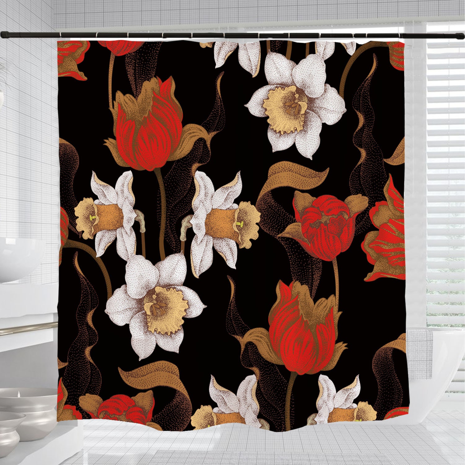 Retro Rose Flowers Shower Curtain, Black Waterproof- Vintage Bathroom Shower Curtains - Image 3