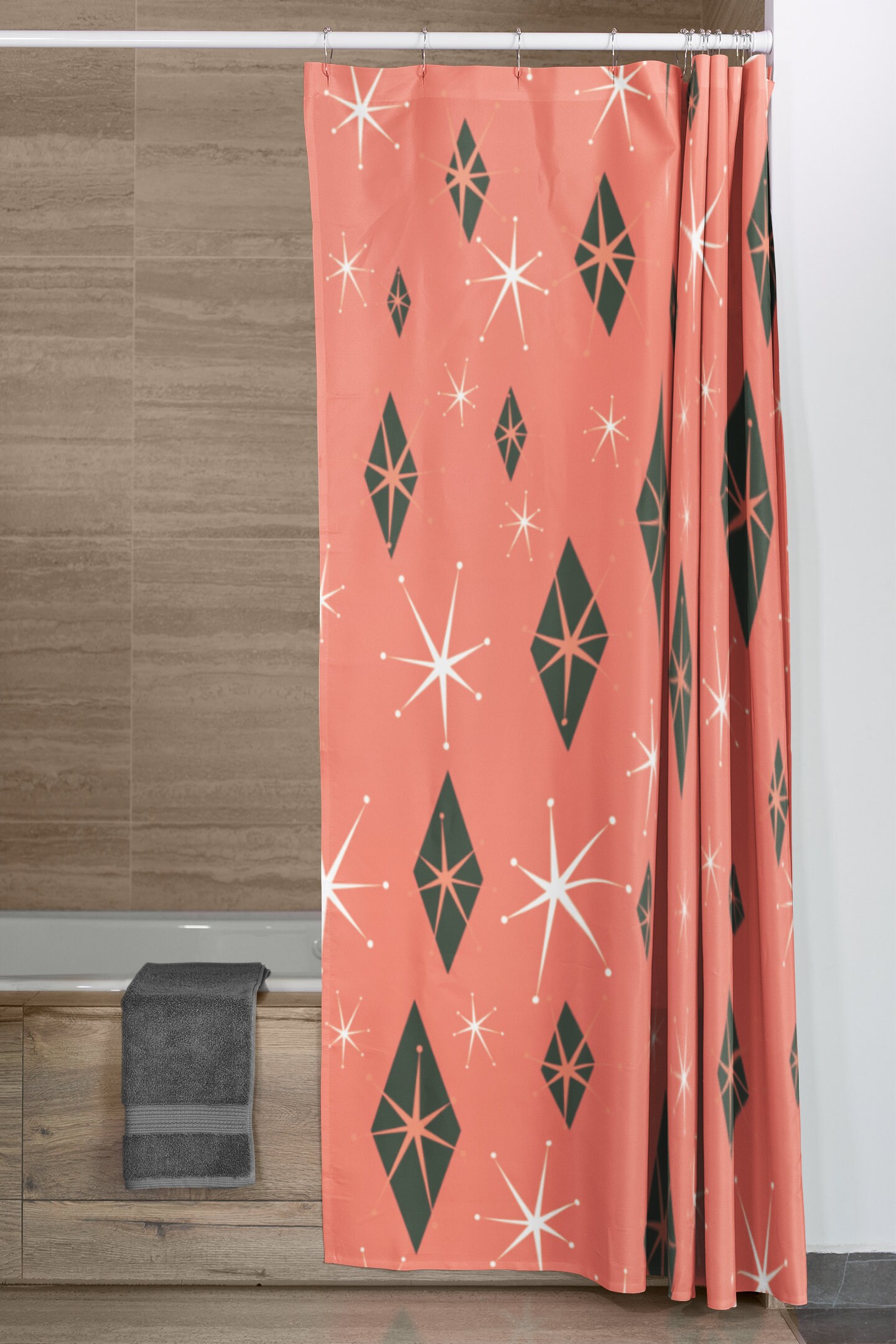 Retro Salmon Shower Curtain, Mid Century Modern Inspired Bathroom Accessory with Vintage Touch