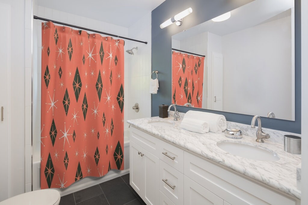 Retro Salmon Shower Curtain, Mid Century Modern Inspired Bathroom Accessory with Vintage Touch - Image 3