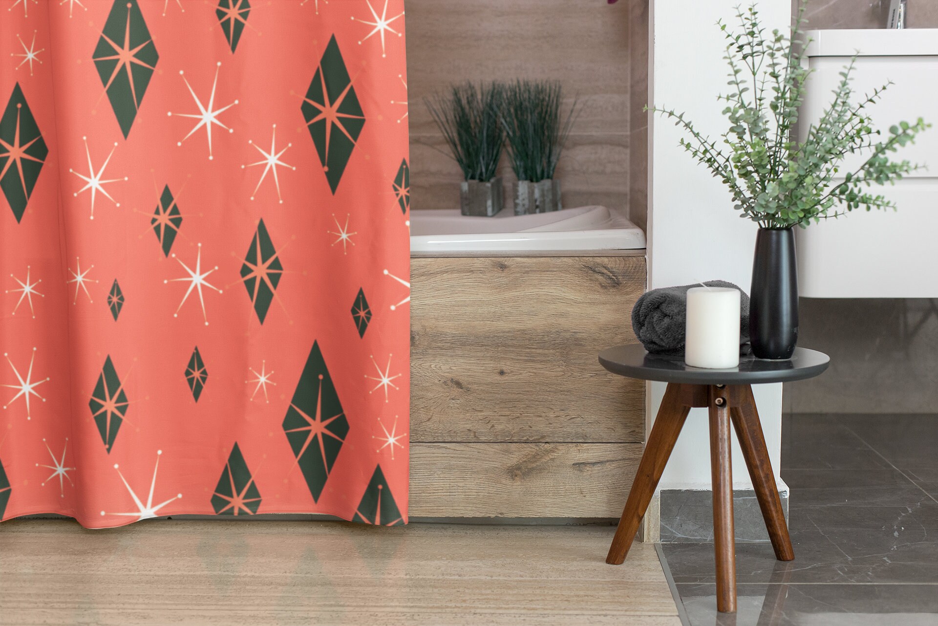 Retro Salmon Shower Curtain, Mid Century Modern Inspired Bathroom Accessory with Vintage Touch - Image 4
