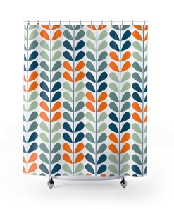 Retro Scandinavian Shower Curtain in Orange, Blue, and Mint with Mid Century Modern Mod Appeal