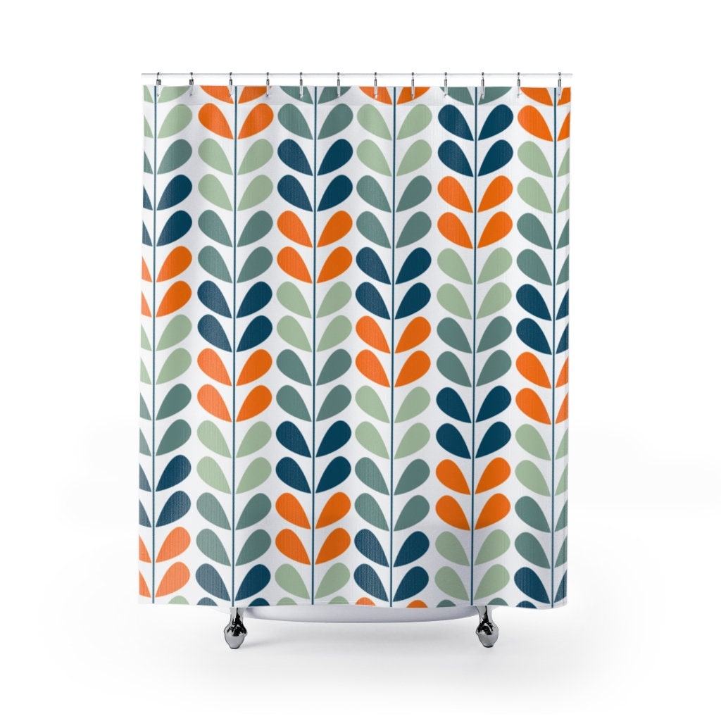 Retro Scandinavian Shower Curtain in Orange, Blue, and Mint with Mid Century Modern Mod Appeal