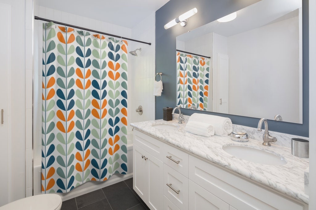 Retro Scandinavian Shower Curtain in Orange, Blue, and Mint with Mid Century Modern Mod Appeal - Image 2