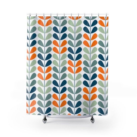 Retro Scandinavian Shower Curtain in Orange, Blue, and Mint with Mid Century Modern Mod Appeal - Image 3