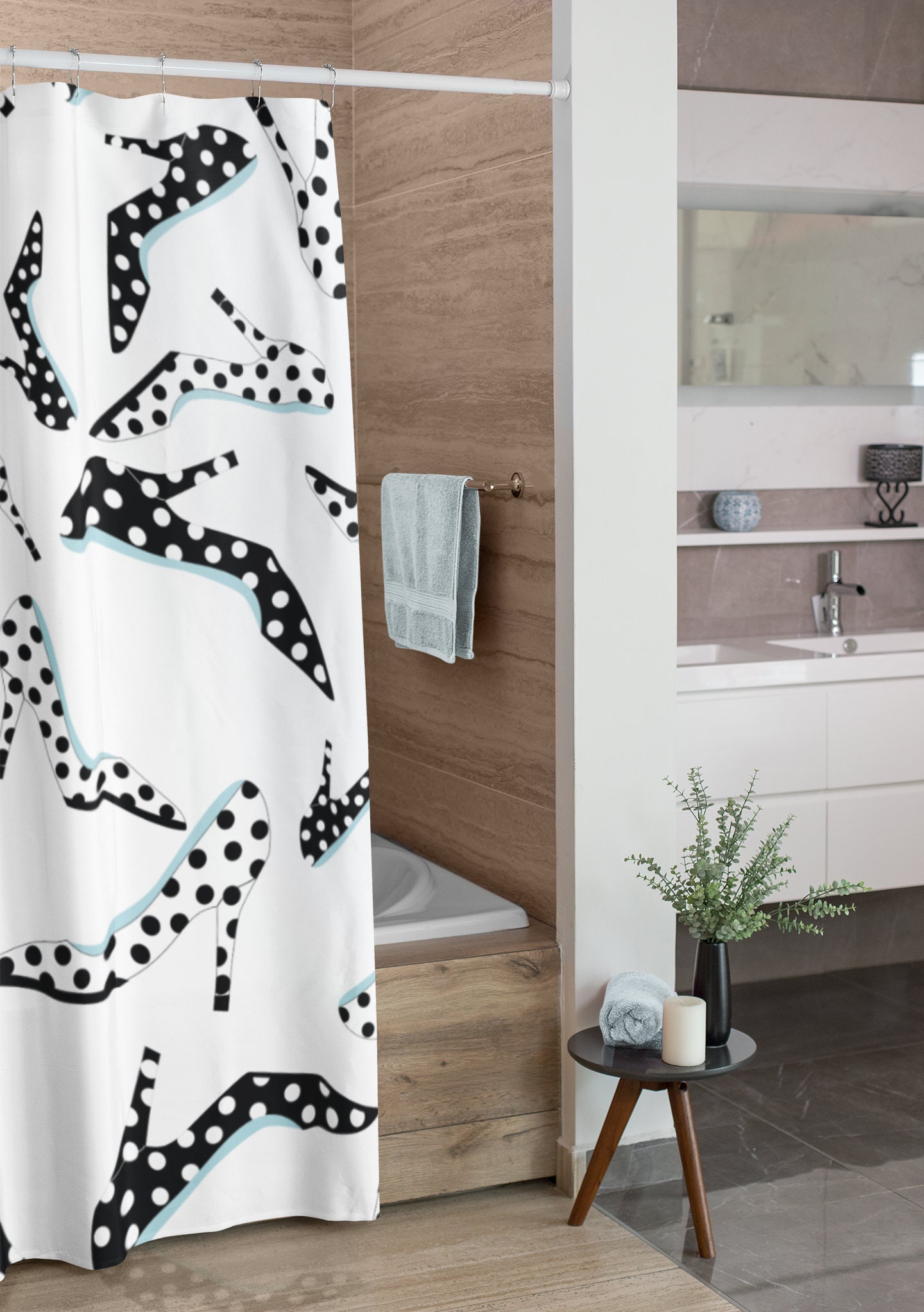 Retro Shoes Polka Dot Shower Curtain, Feminine Bathroom Decor - Image 4