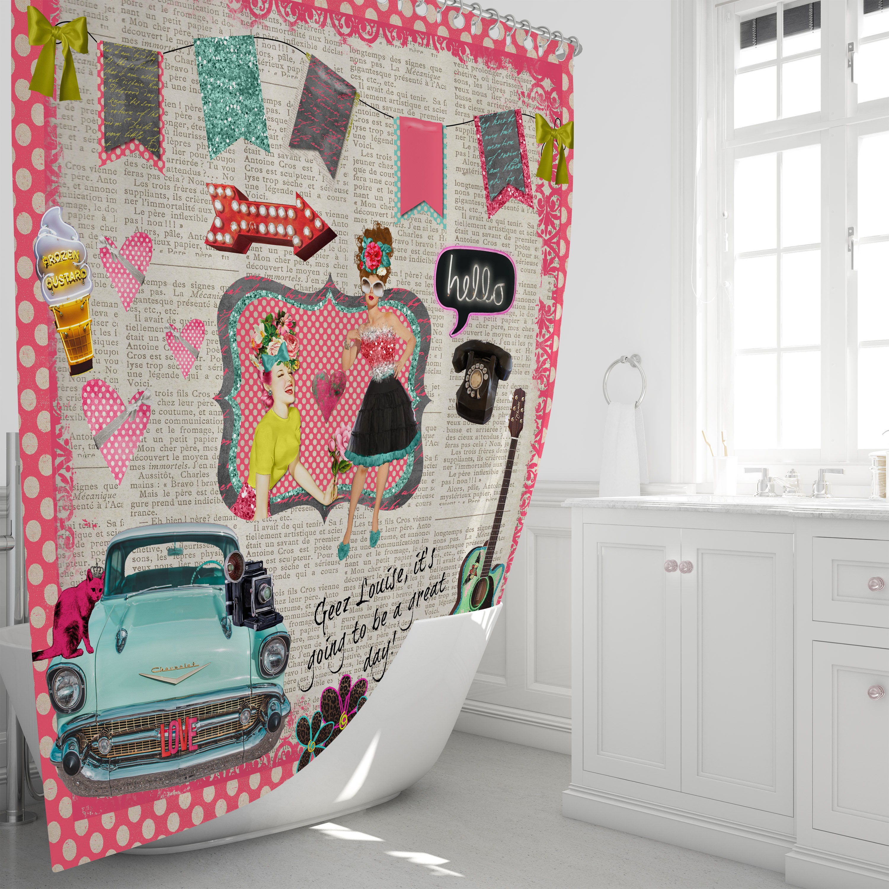 Retro Theme Shower Curtain | Geez Louise Design | Vintage Bathroom Decor - Image 2