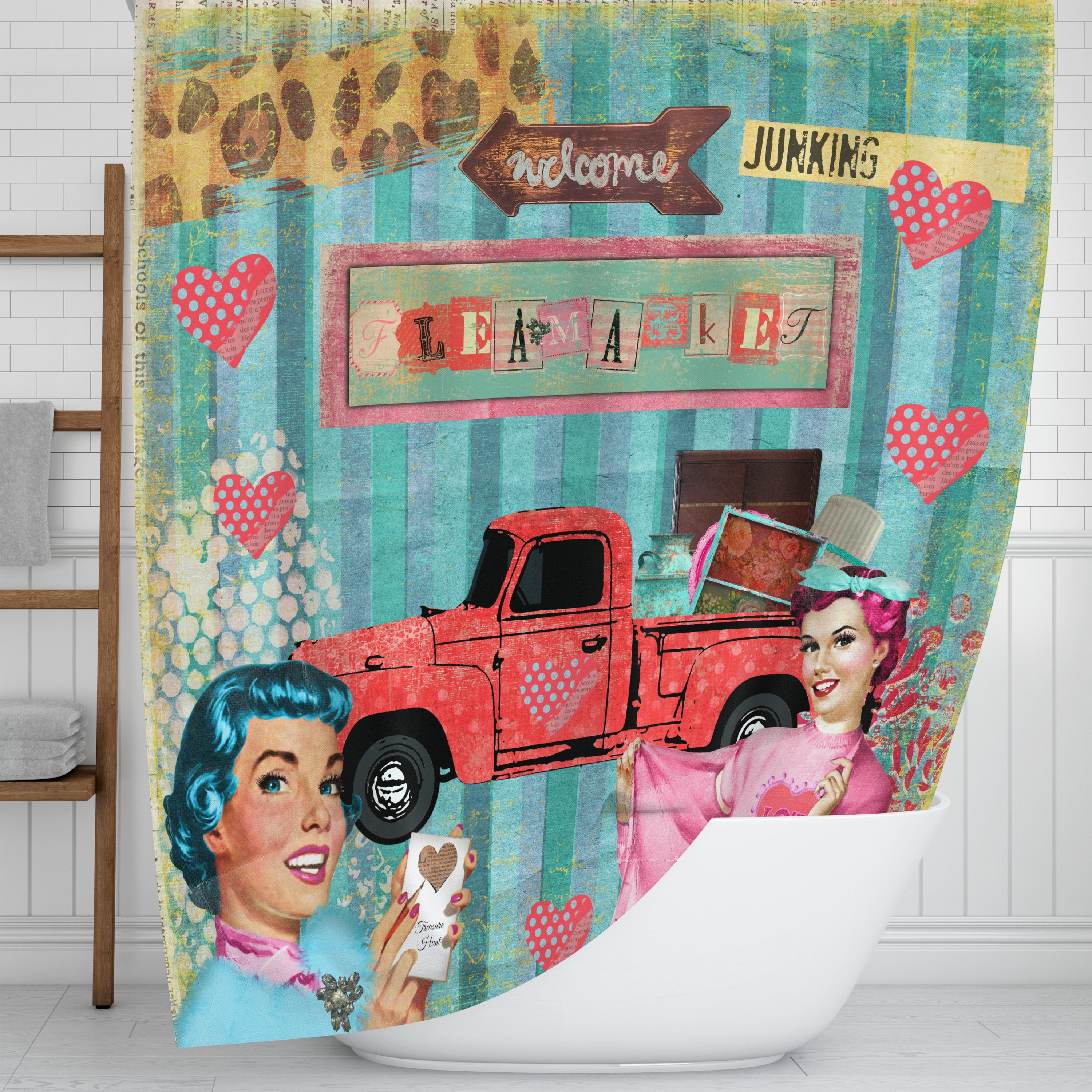 Retro Theme Shower Curtain | Vintage Abstract Bath Curtain | Mid Century Modern Bathroom Decor - Image 2