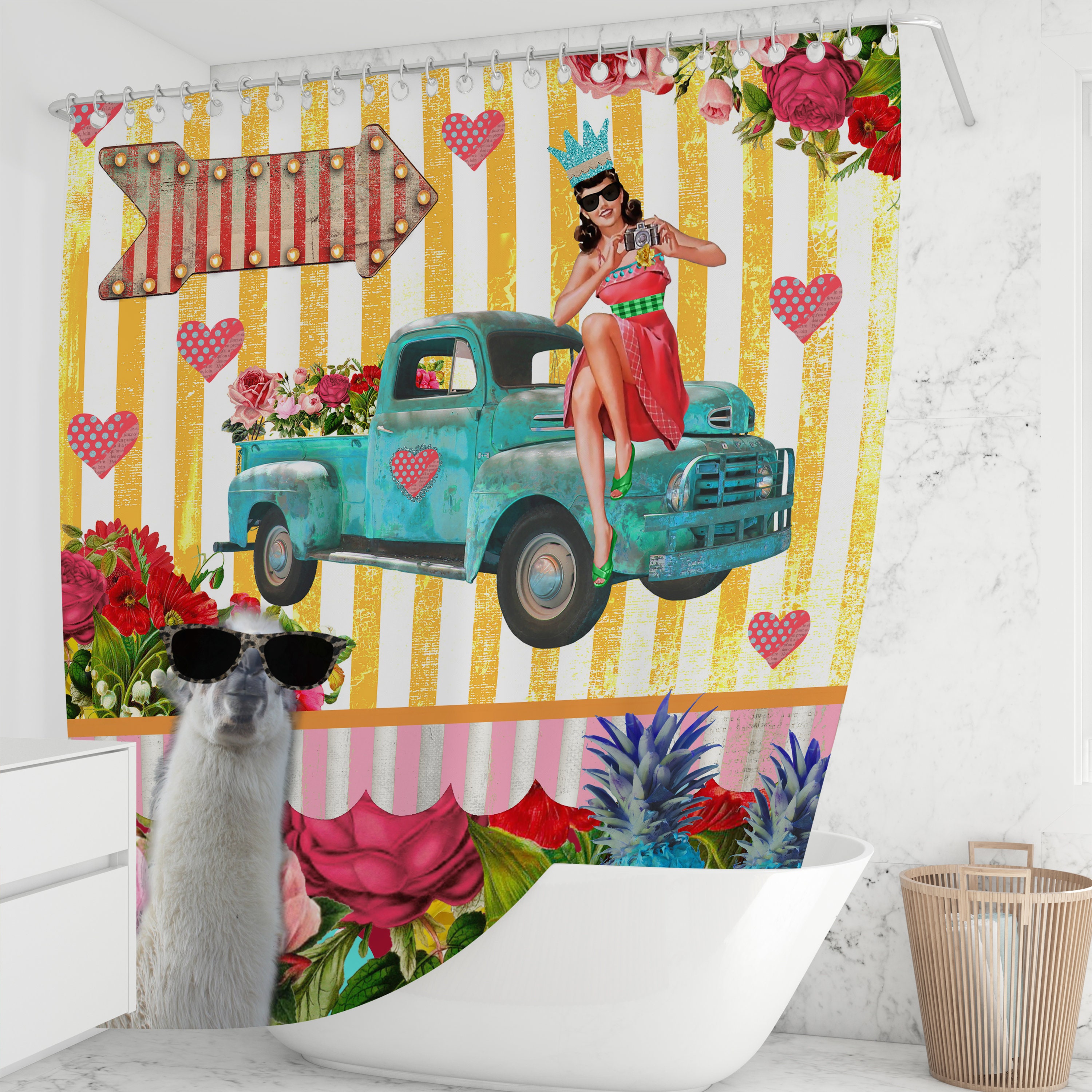 Retro Theme Shower Curtain | Vintage Collage Bath Curtain | FolkNFunky Design