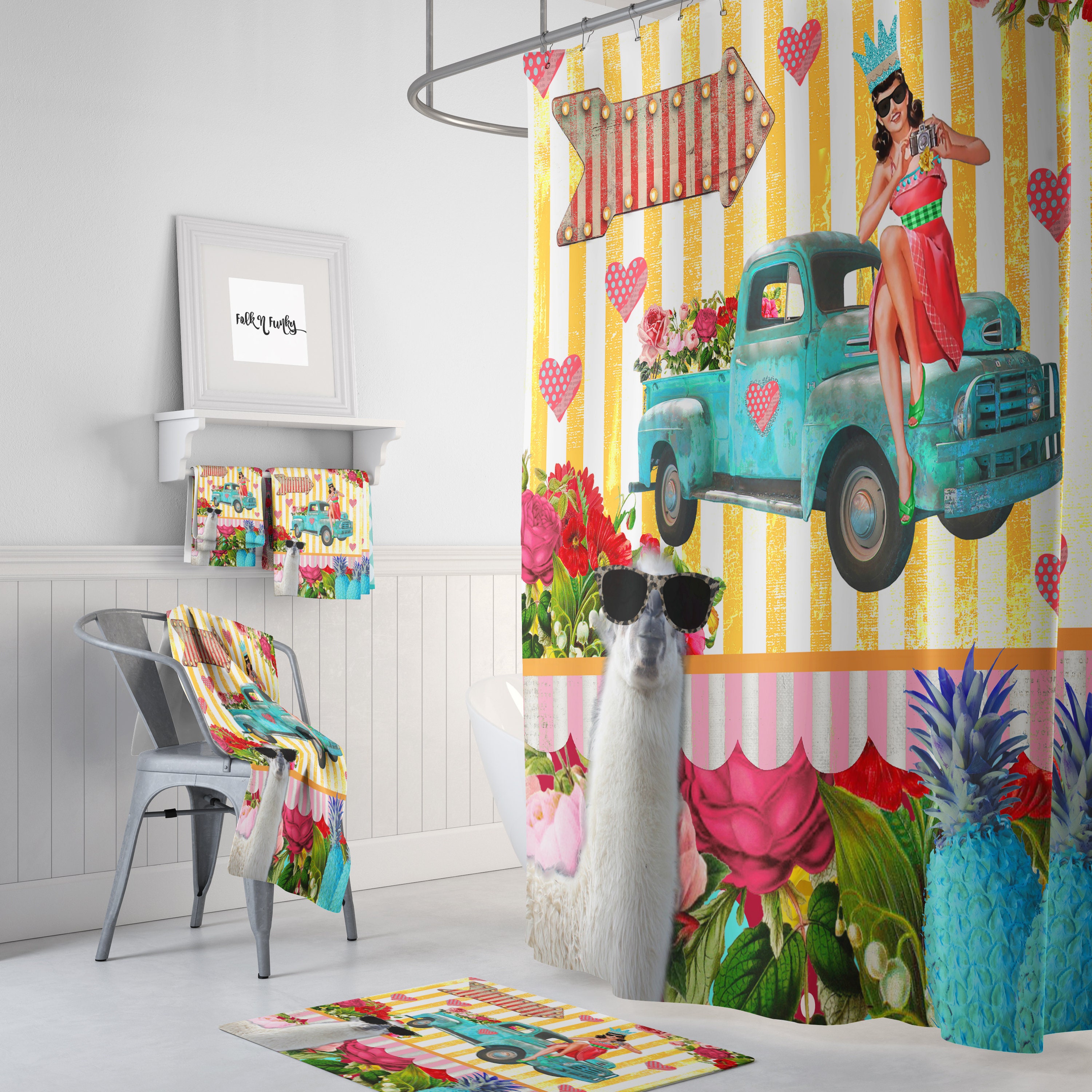 Retro Theme Shower Curtain | Vintage Collage Bath Curtain | FolkNFunky Design - Image 2