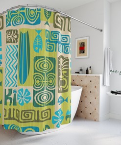 Retro Tiki Curtain with Lime Green and Blue Tropical Tiki Man Design for Funky Groovy Shower Curtains