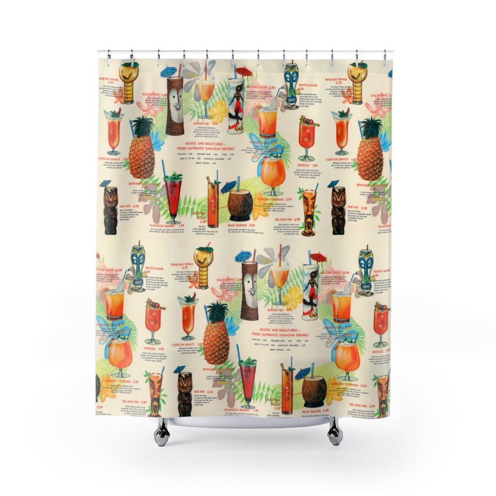 Retro Tiki Drink Menu Shower Curtain for Mid Century Tropical Vibes