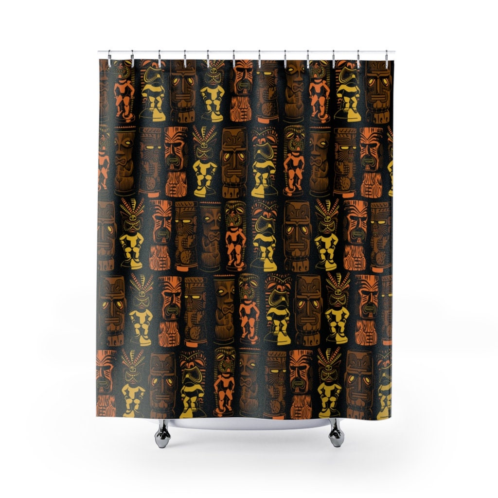 Retro Tiki Gods on Black Shower Curtain for Mid Century Modern Lifestyle