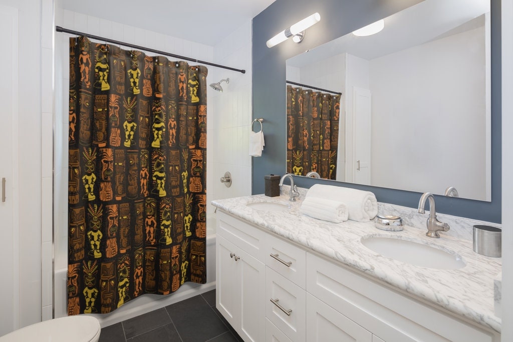 Retro Tiki Gods on Black Shower Curtain for Mid Century Modern Lifestyle - Image 2