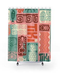 Retro Tiki Man Shower Curtain - Funky Fun Floral Pineapple Tiki Design in Teal Pink and Orange