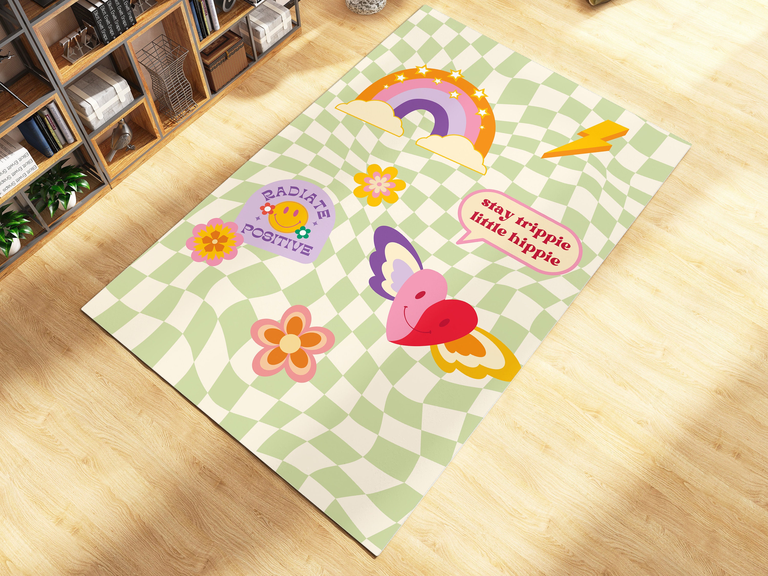 Retro Trippy Smile Face Rug - Groovy Wavy Hippie Decor, Preppy Room Smiley Rug with 70s Retro Area Rug