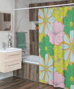 Retro Tropical Flowers Shower Curtain, Groovy 60's 70's Hippie Bathroom Accessory with Vintage Summer Vibes