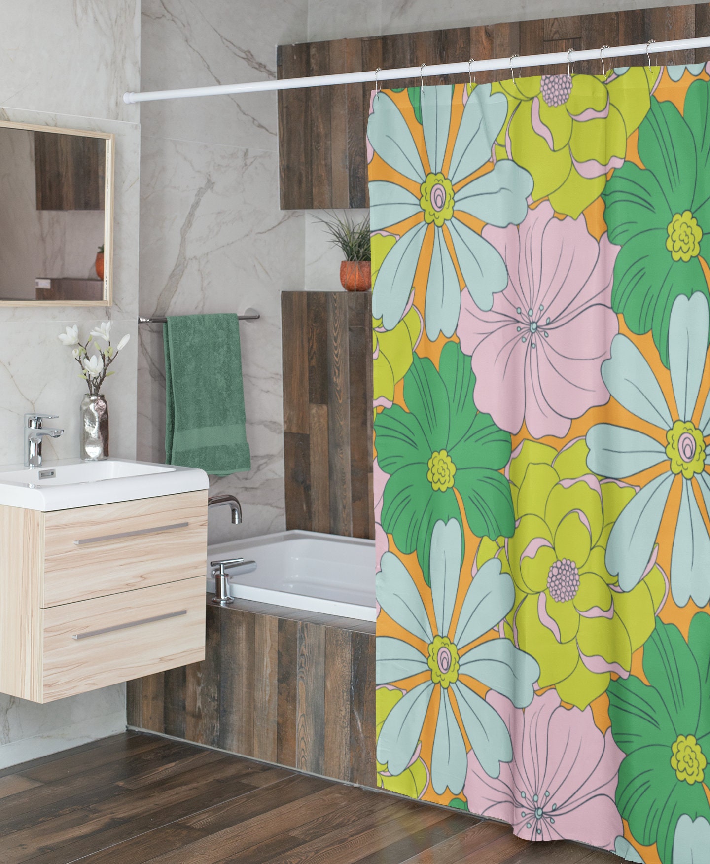 Retro Tropical Flowers Shower Curtain, Groovy 60's 70's Hippie Bathroom Accessory with Vintage Summer Vibes