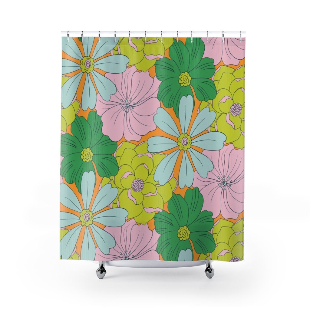 Retro Tropical Flowers Shower Curtain, Groovy 60's 70's Hippie Bathroom Accessory with Vintage Summer Vibes - Image 2