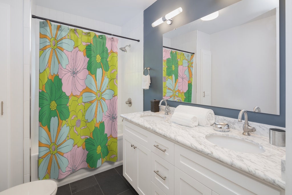 Retro Tropical Flowers Shower Curtain, Groovy 60's 70's Hippie Bathroom Accessory with Vintage Summer Vibes - Image 3