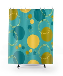 Retro Turquoise Blue Mid Century Mod Geometric Circle Shower Curtain in Yellow and Green