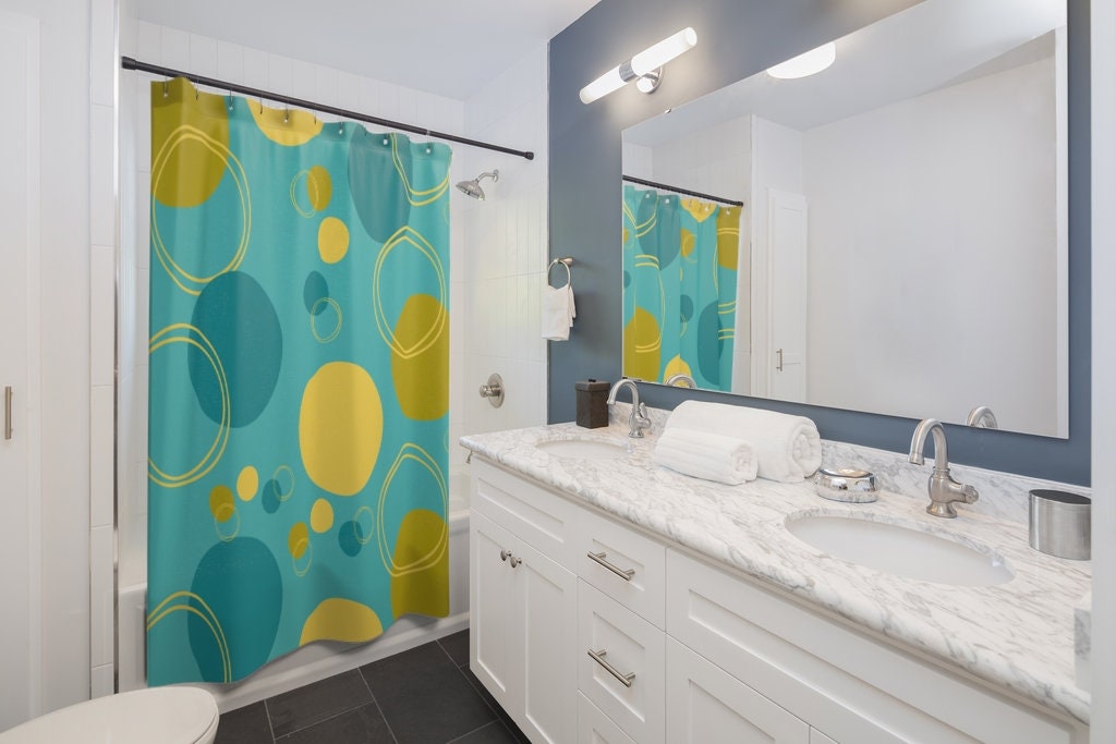 Retro Turquoise Blue Mid Century Mod Geometric Circle Shower Curtain in Yellow and Green - Image 2