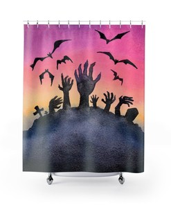 Retro Watercolor Graveyard Halloween Shower Curtain - Spooky and Gothic Design for a Scary Bathroom