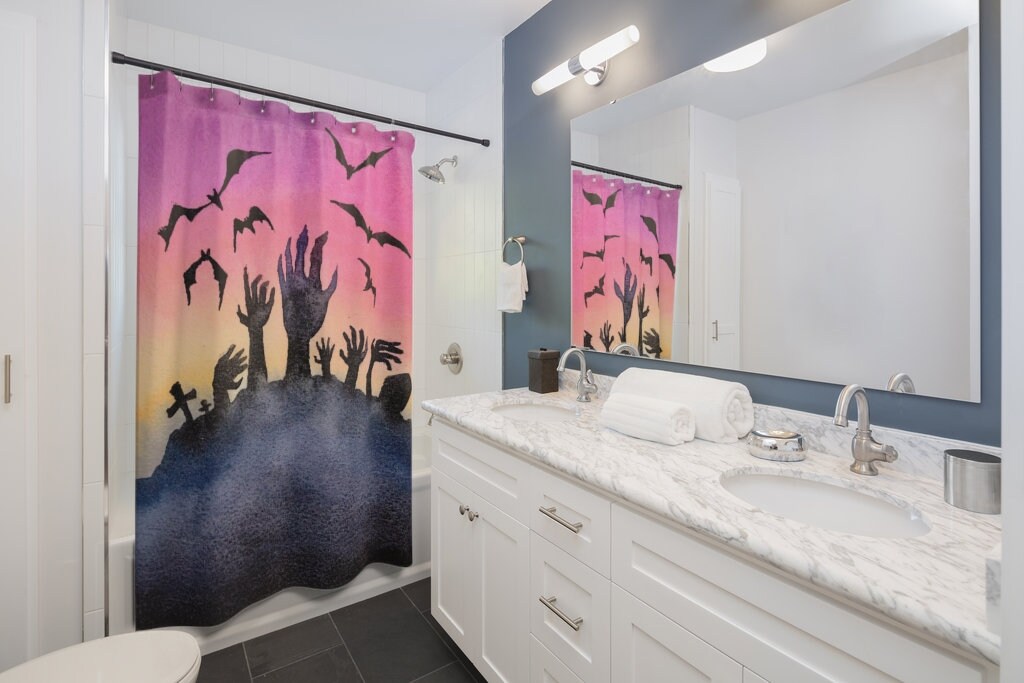 Retro Watercolor Graveyard Halloween Shower Curtain - Spooky and Gothic Design for a Scary Bathroom - Image 2