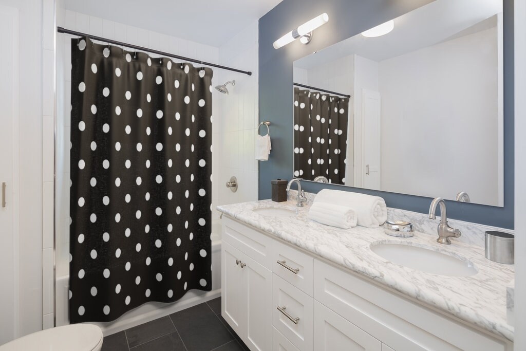 Rockabilly Black and White Dots Shower Curtain | Polka Dot, Vintage Bathroom Shower Curtain - Image 2
