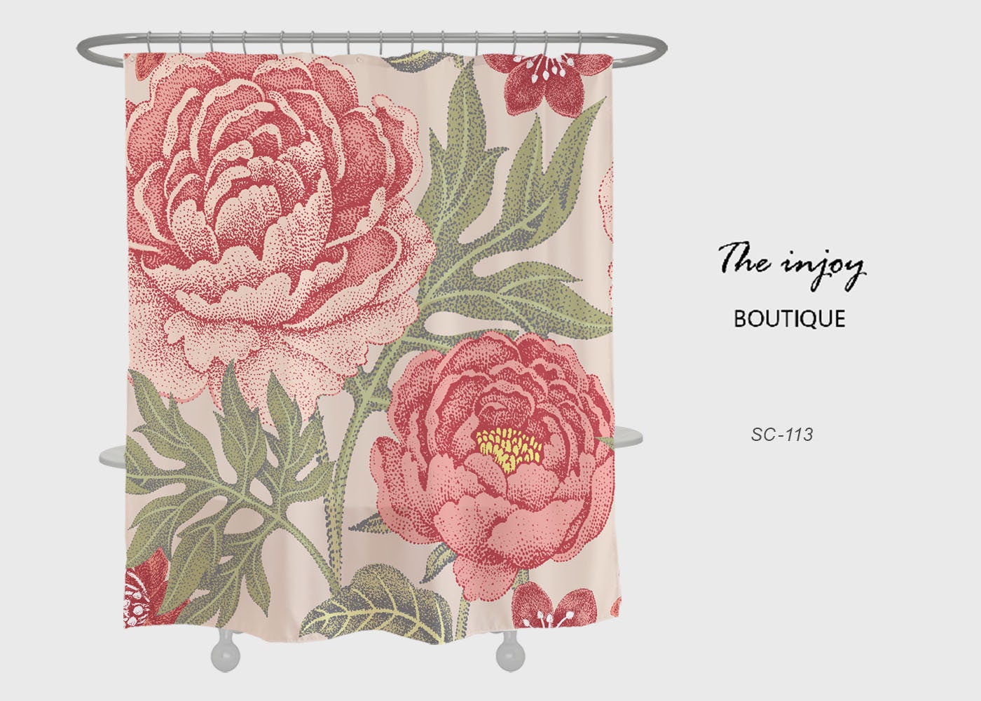Rode bloemen douchegordijn, Chinese stijl waterdichte en wasbare Disney Shower Curtains met haken