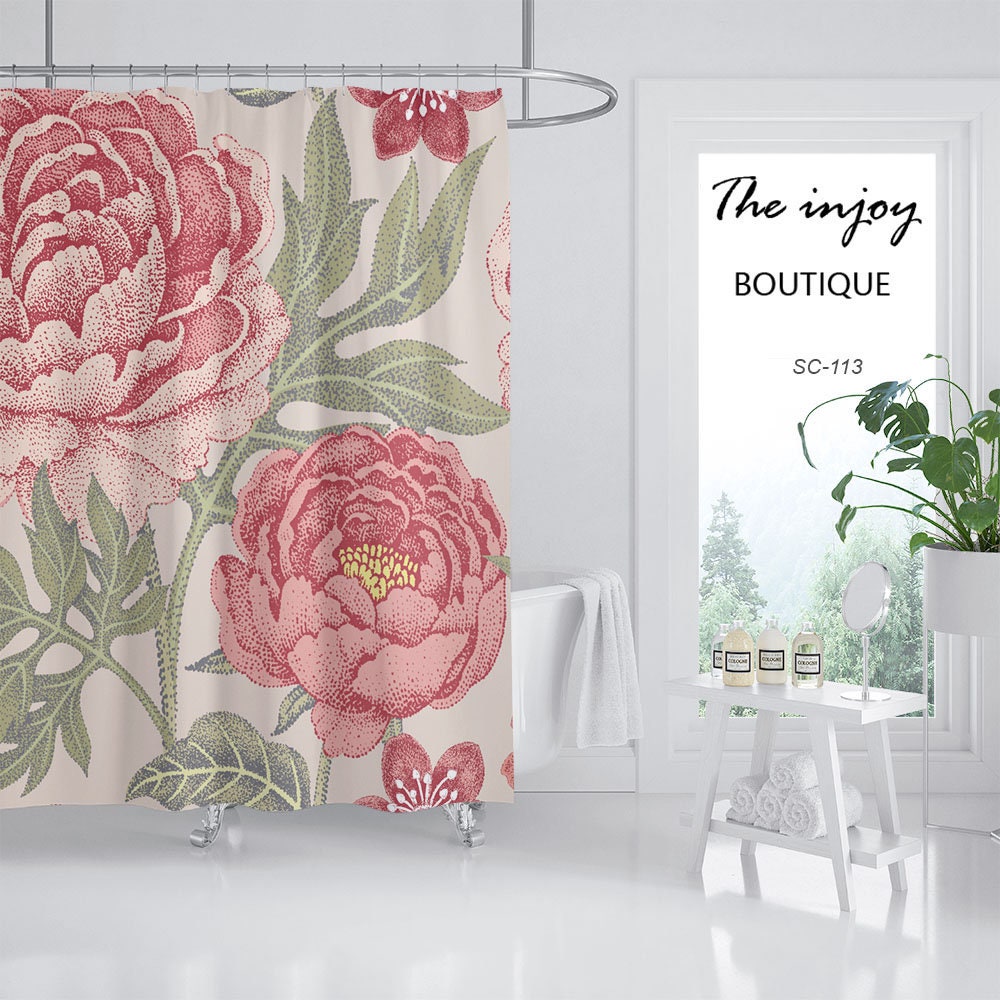 Rode bloemen douchegordijn, Chinese stijl waterdichte en wasbare Disney Shower Curtains met haken - Image 2