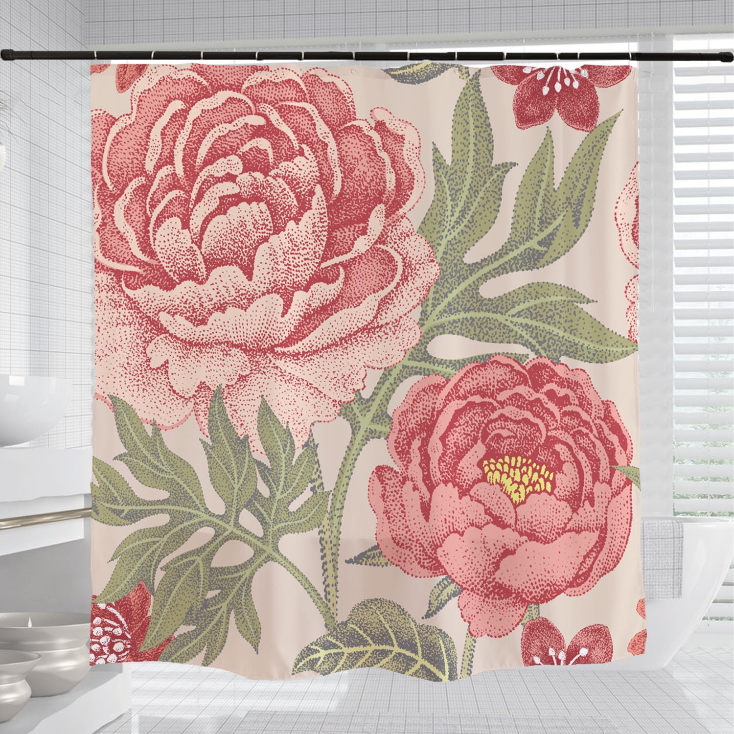 Rode bloemen douchegordijn, Chinese stijl waterdichte en wasbare Disney Shower Curtains met haken - Image 3
